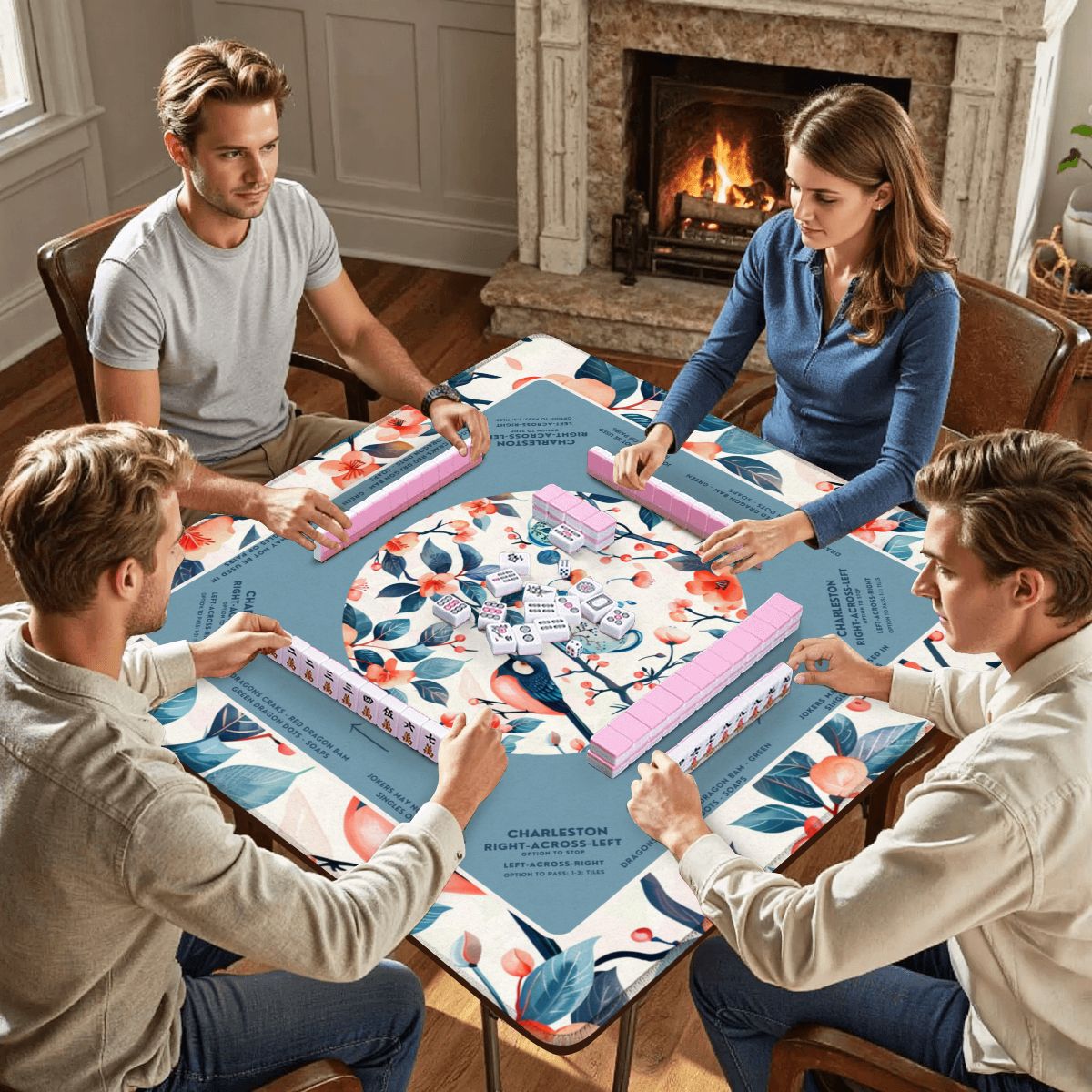 Birds and Tea Design Mahjong Mat, Size 31.5 x 31.5, Smooth Play Surface