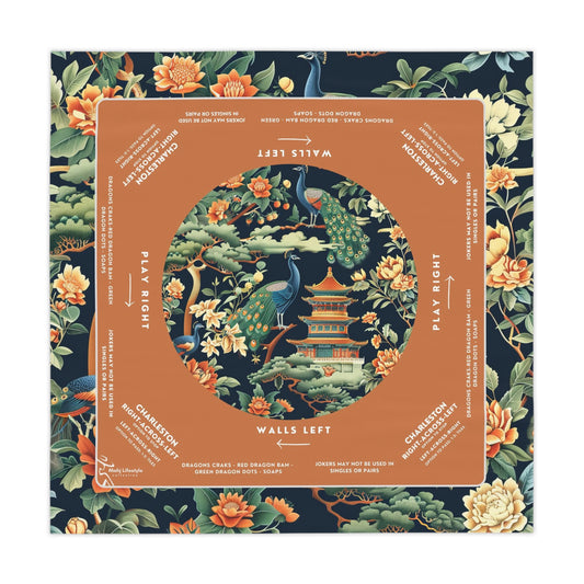 Premium Orange and Navy Peacock Mahjong Mat Custom Made - Smooth, Durable Surface for Enhanced Game Nights