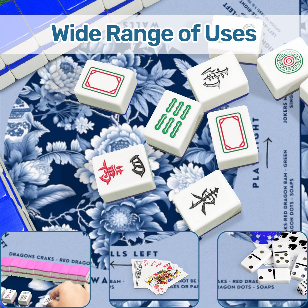 Blue Floral Mahjong Mat 31.5 x 31.5 - Durable Surface for Enthusiastic