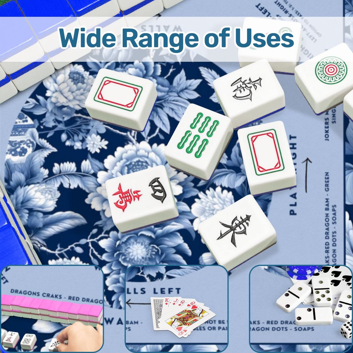 Blue Floral Mahjong Mat with Storage Case