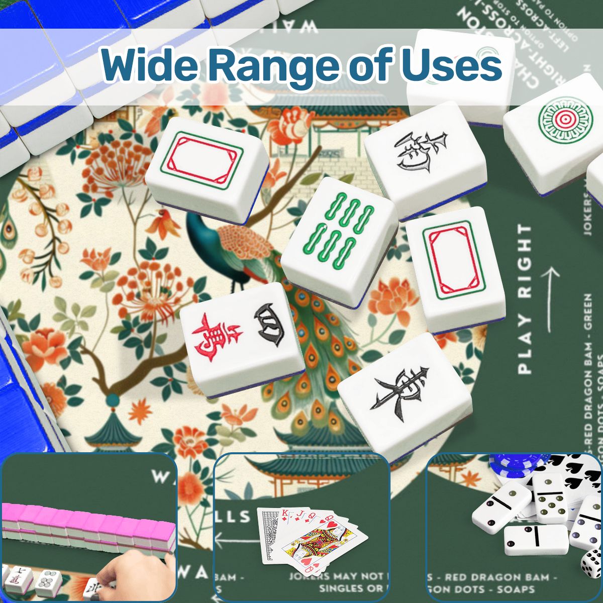 Green Peacock Design Mahjong Mat, Size 31.5 x 31.5  inches