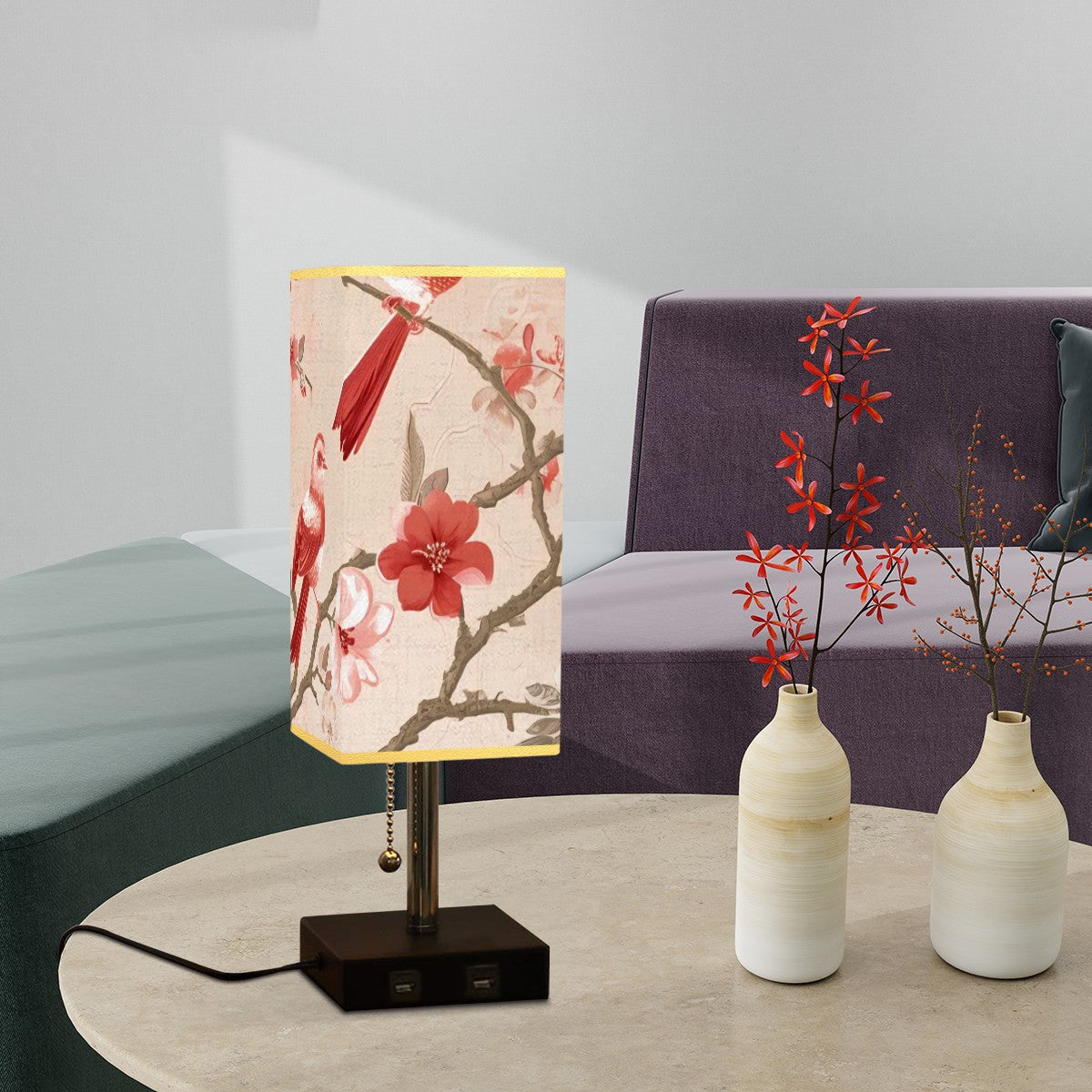 Square Table Lamp with USB Port Gold Trim