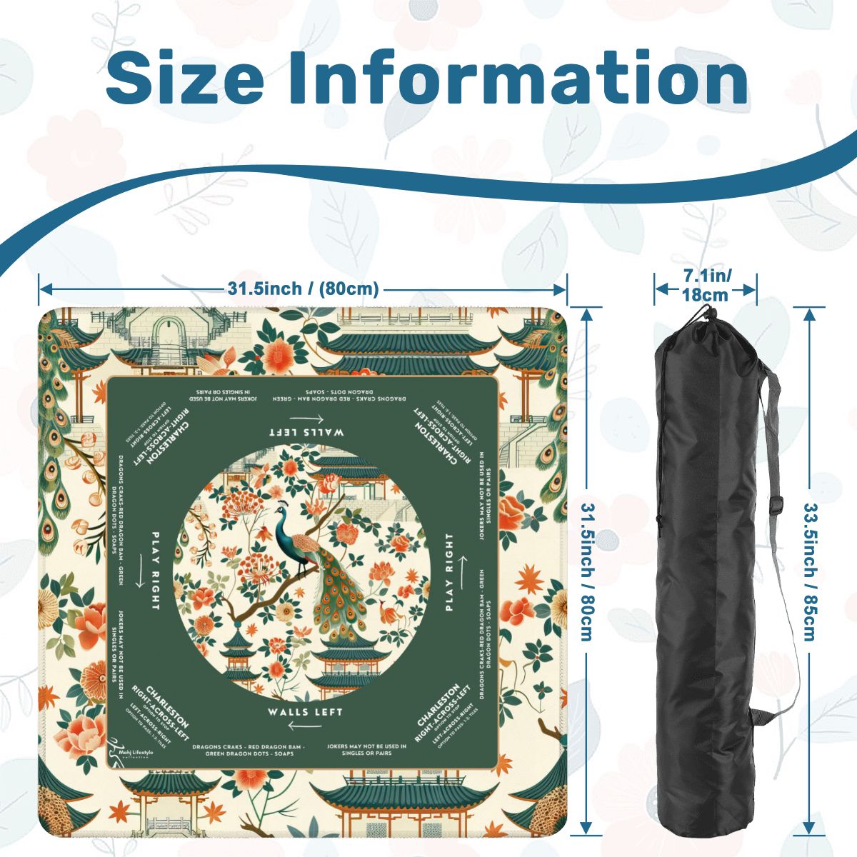 Green Peacock Design Mahjong Mat, Size 31.5 x 31.5  inches