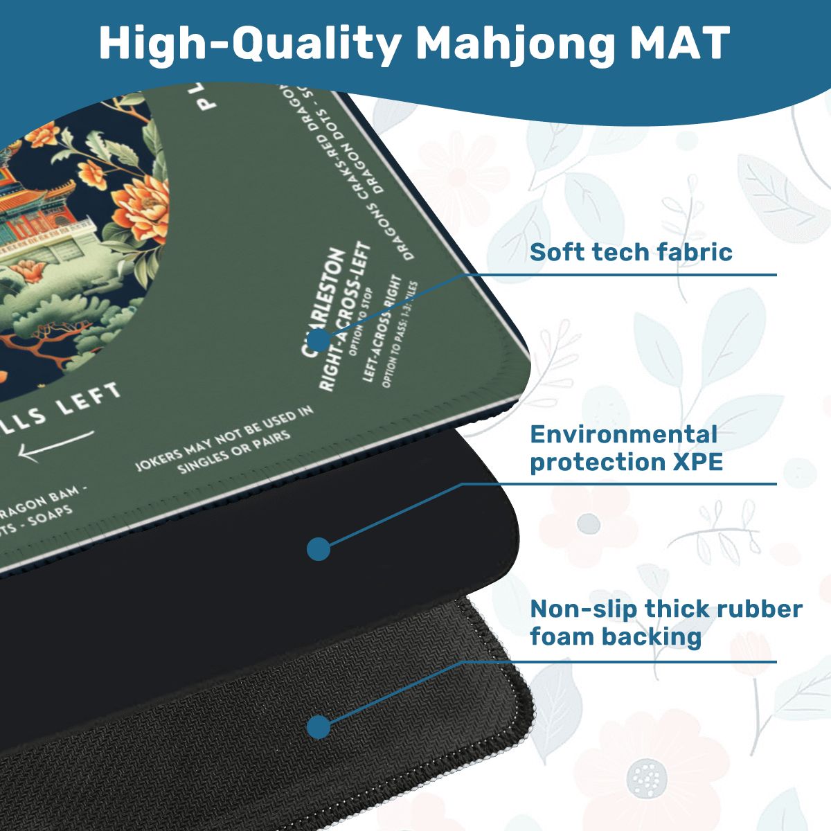 Green Peacock Mahjong Mat 31.5 x 31.5 - Smooth Surface for Great Game Nights