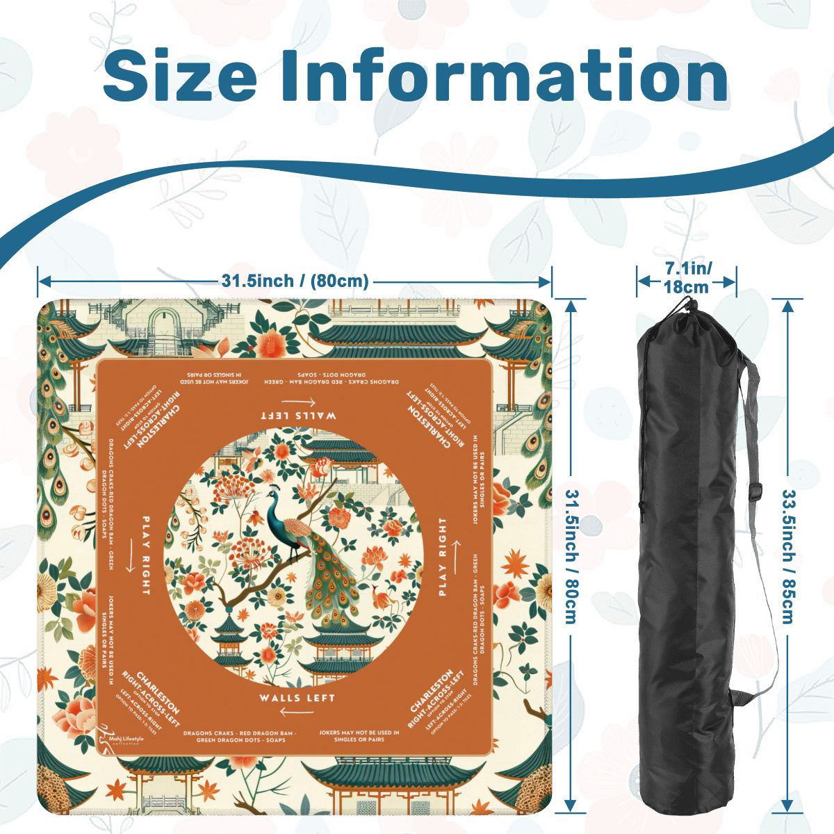 White Orange Peacock Design Mahjong Mat 31.5 x 31.5 - For Enhanced Game Nights