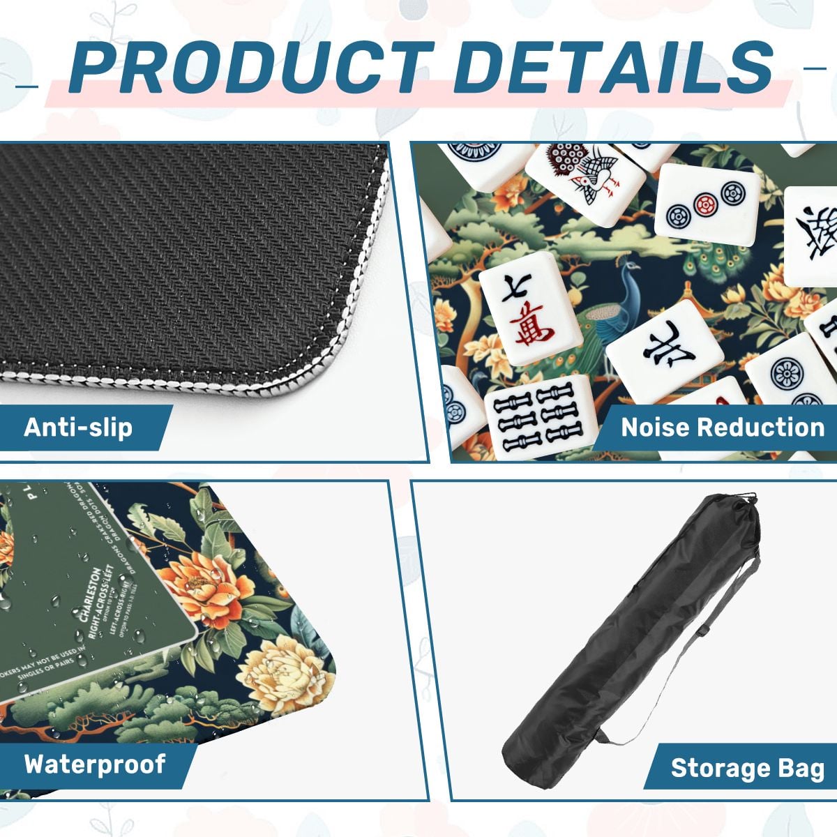 Green Peacock Chinoiserie Mahjong Mat with Storage Case