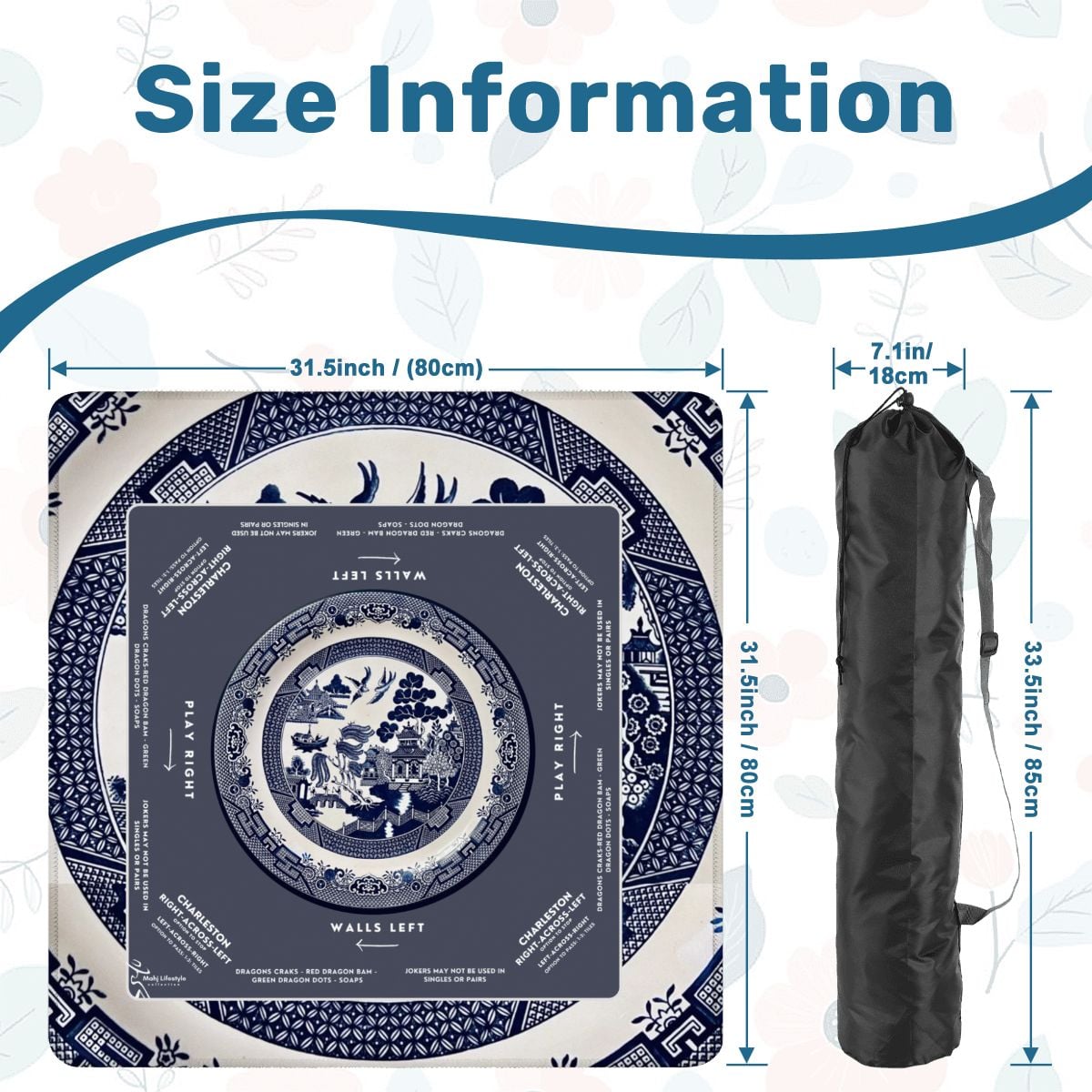 Chinoiserie Mahjong Mat with Storage Case | Classic Blue & White Table Mat