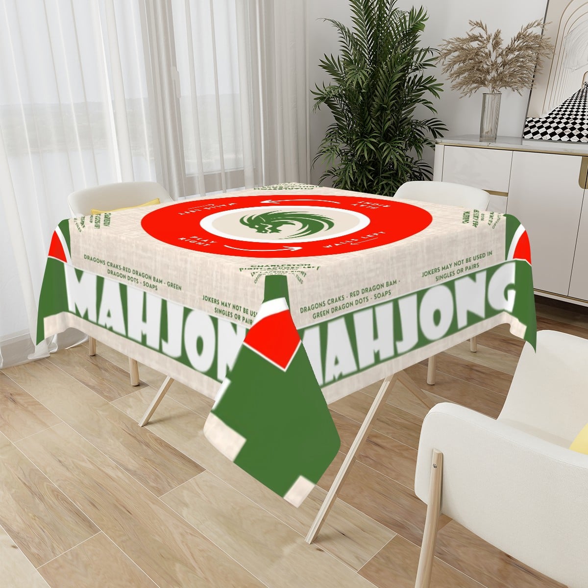 Mahjong Statement Tablecloth | Red, Green & White Graphic Design