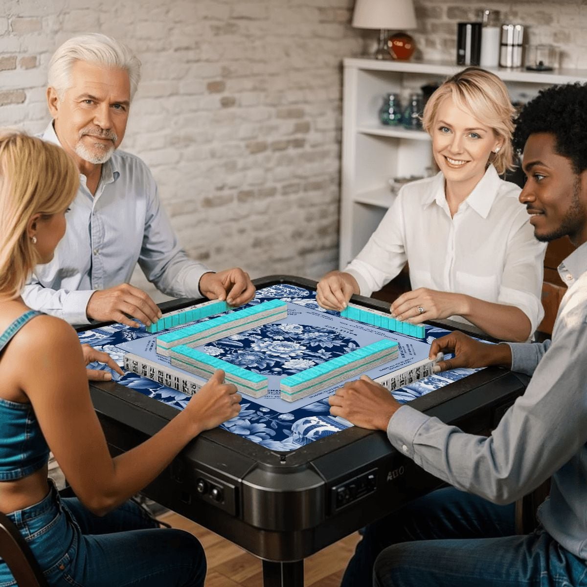 Blue Floral Mahjong Mat with Storage Case