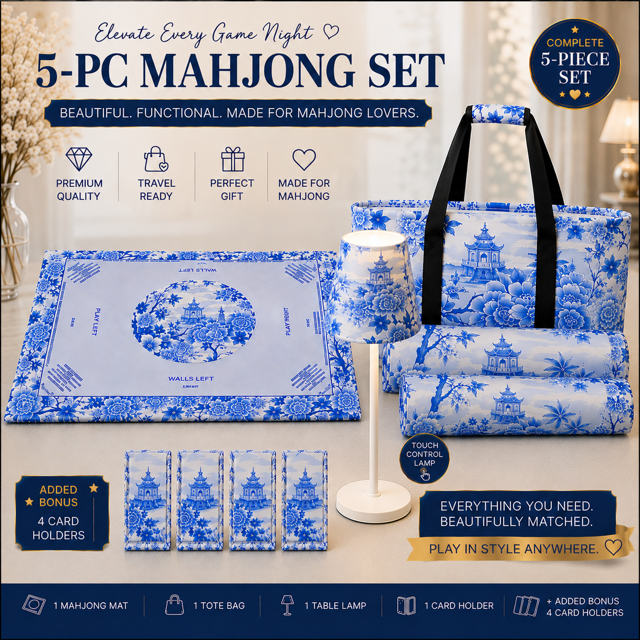 Blue Branch 31.5" × 31.5" 5-PC Mahjong Set – Classic Elegance Collection