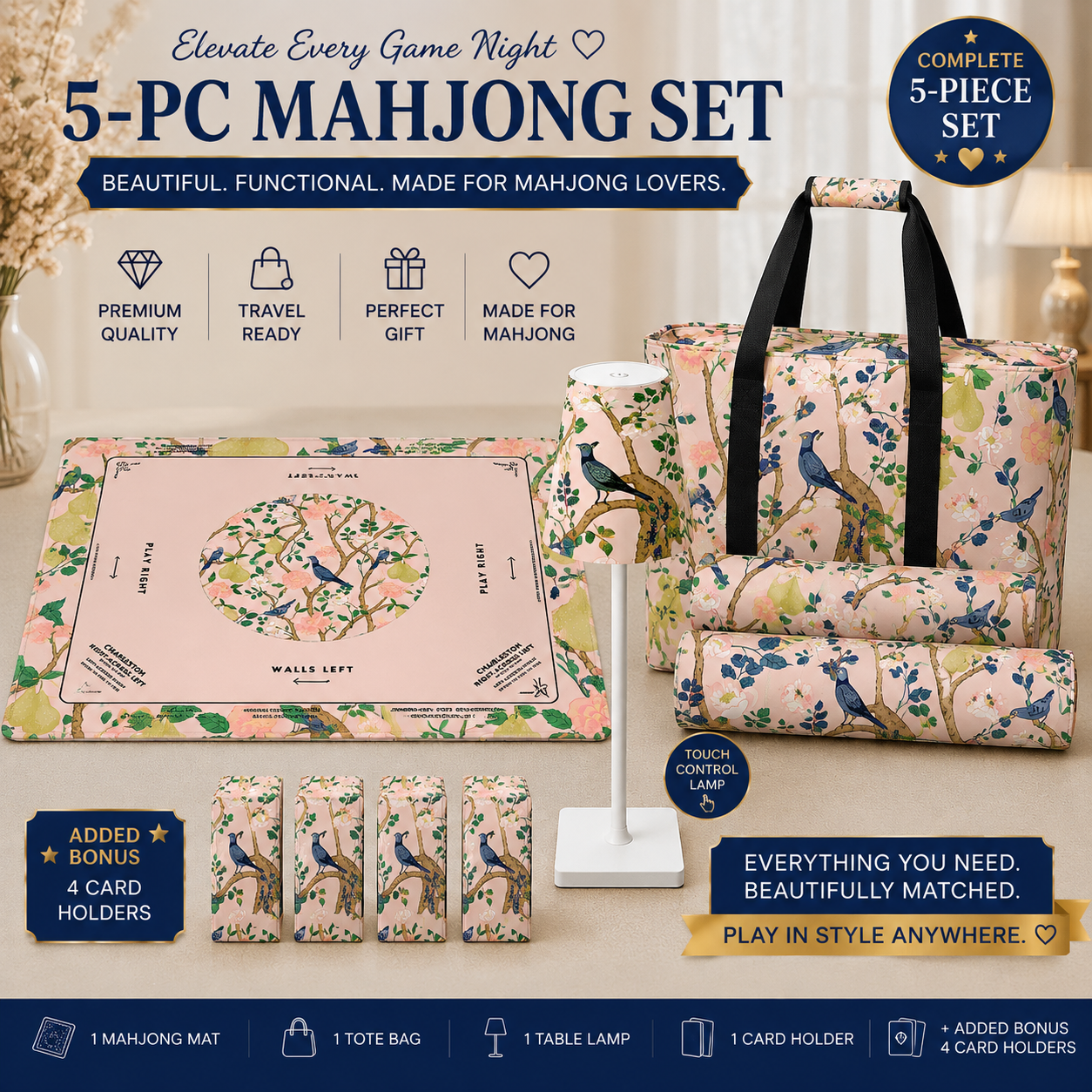 Blue Birdie 31.5" × 31.5" 5-PC Mahjong Set – Elegant Game Night Collection