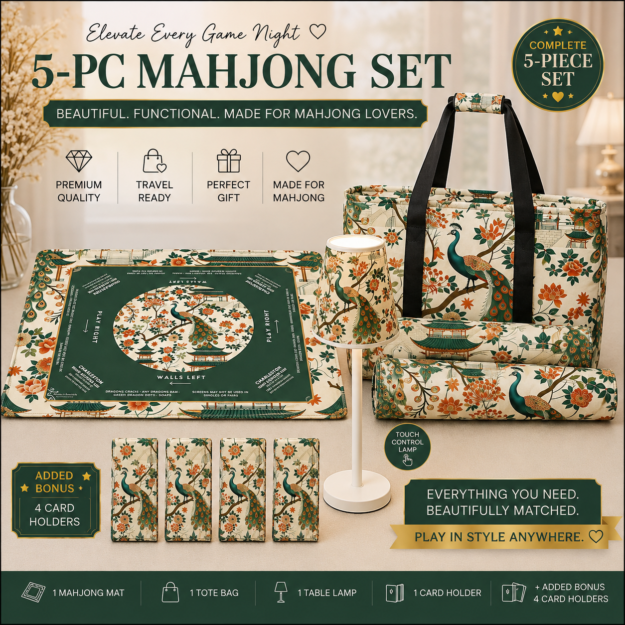 Green Peacock 31.5" × 31.5" 5-PC Mahjong Set – Luxury Mahjong Collection