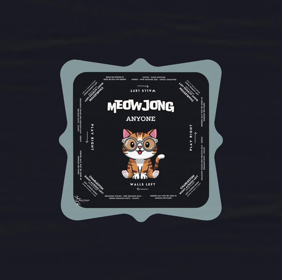 Cute Kitten Blue Rim Mahjong Tablecloth with Instructions - Perfect for Mahjong Lovers