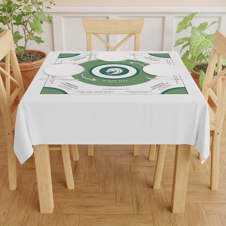 Elegant White and Green Mahjong Tablecloth - Perfect for Game Nights