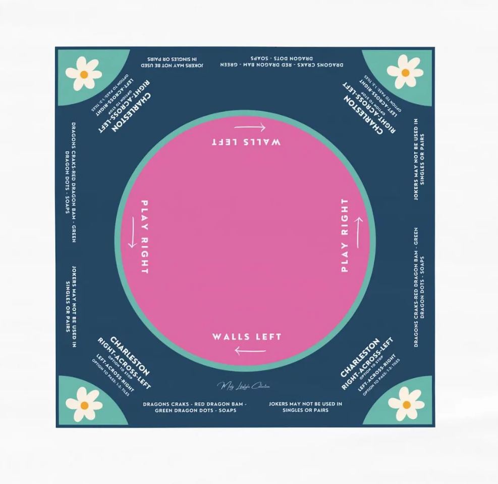 Mahjong instructional tablecloth gift for her, Blue and Pink Floral Mahjong Tablecloth - easy-to-follow mah-jongg tablecloth