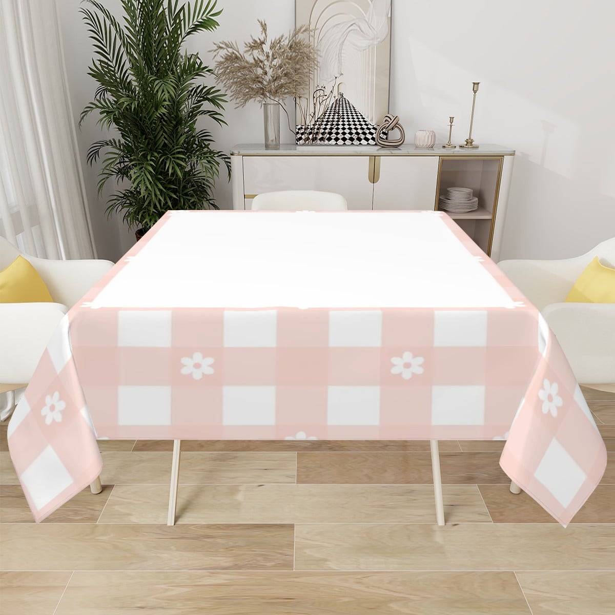 Pink Gingham Mahjong Tablecloth – 60 Inch | Blush Check Floral Design