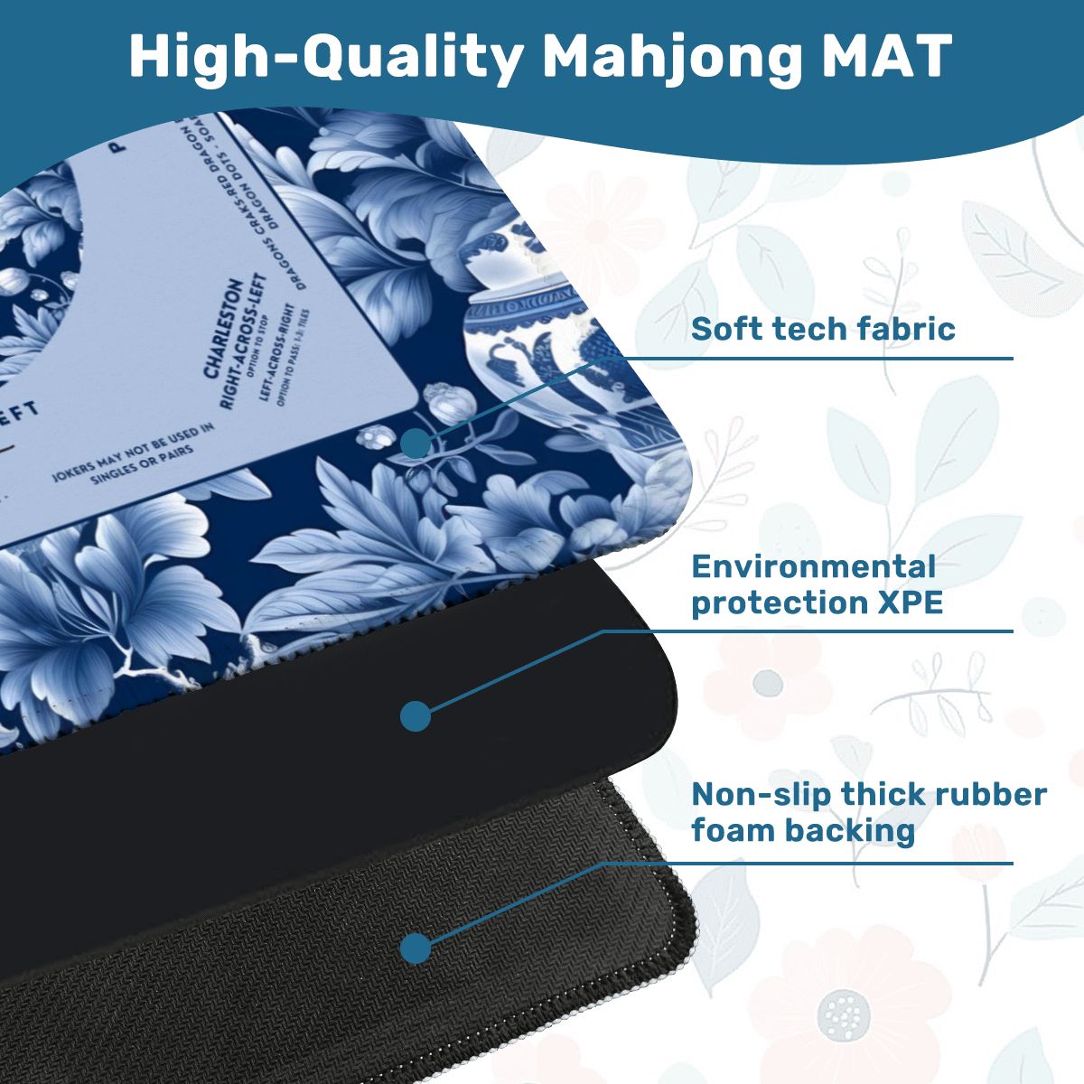 Blue Floral Mahjong Mat 31.5 x 31.5 - Durable Surface for Enthusiastic