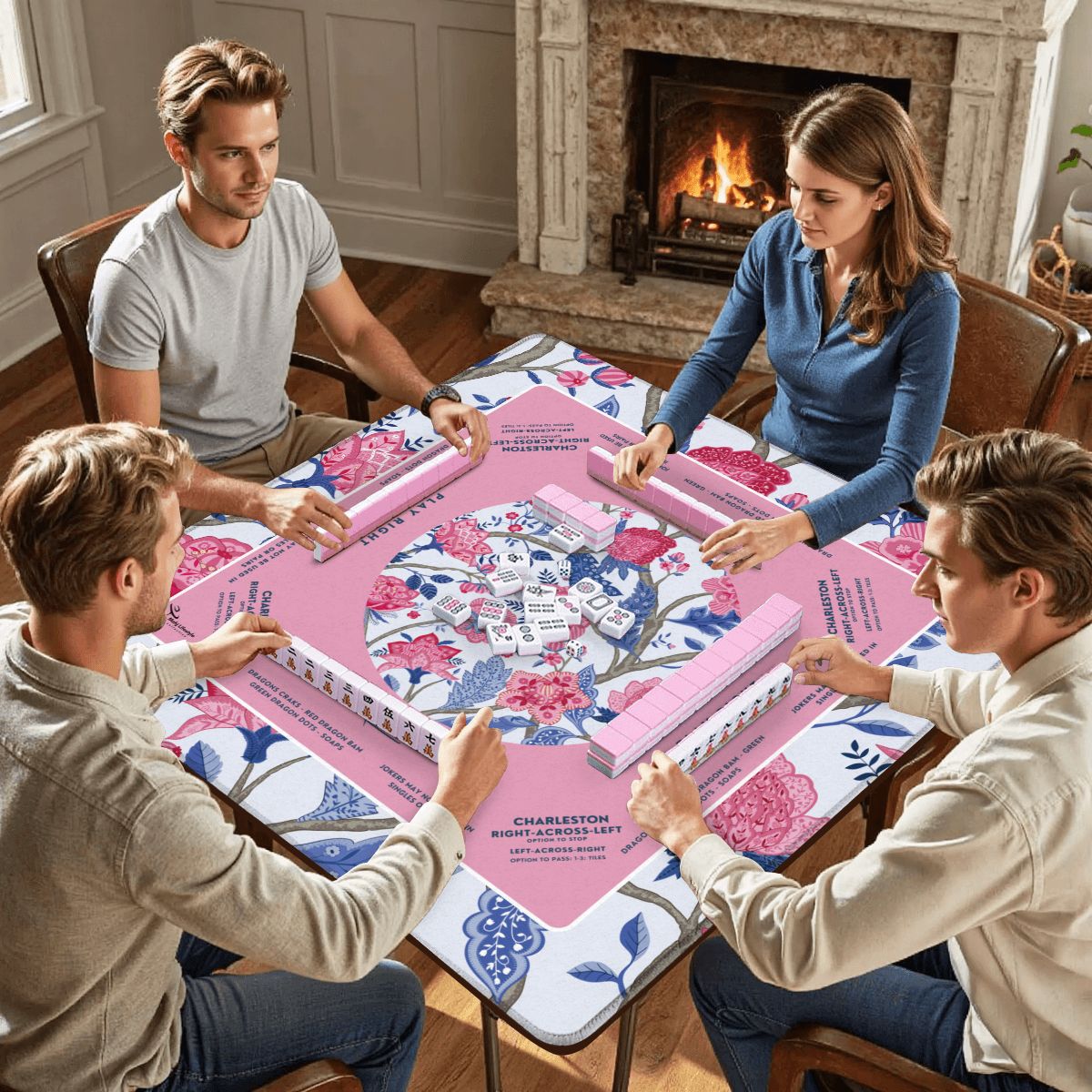 Vivid Blue & Purple Floral Mahjong Mat 31.5 x 31.5 Perfect for Mahjong Enthusiasts and Fans