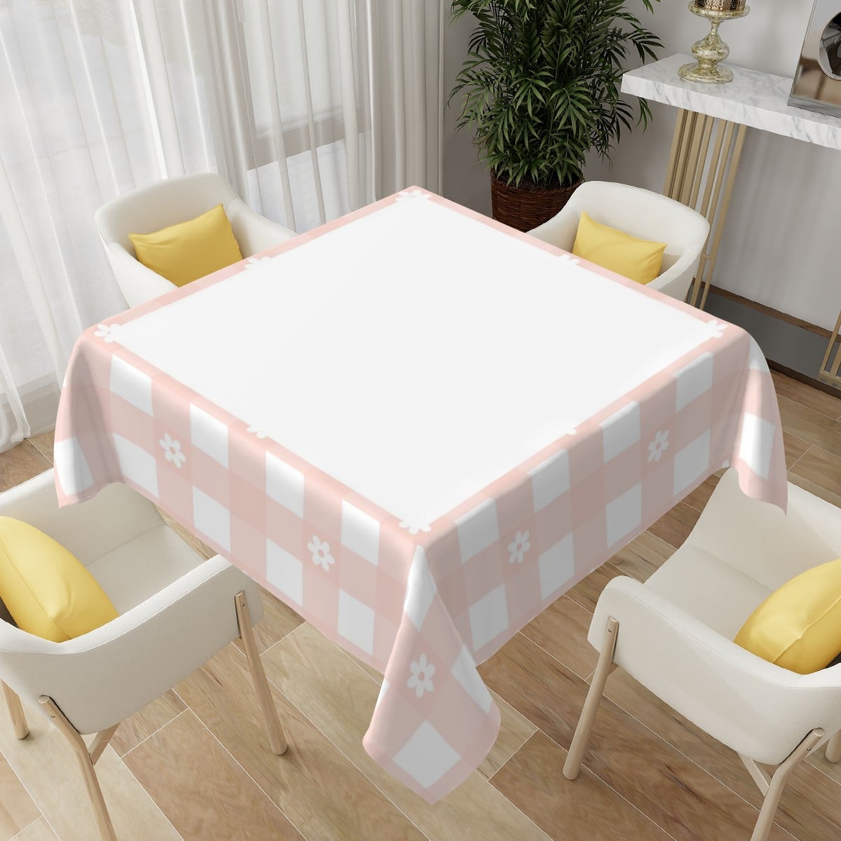 Pink Gingham Mahjong Tablecloth – 60 Inch | Blush Check Floral Design