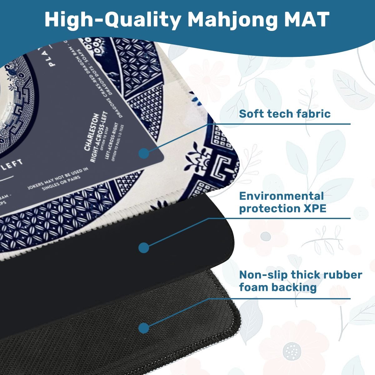 Chinoiserie Mahjong Mat with Storage Case | Classic Blue & White Table Mat