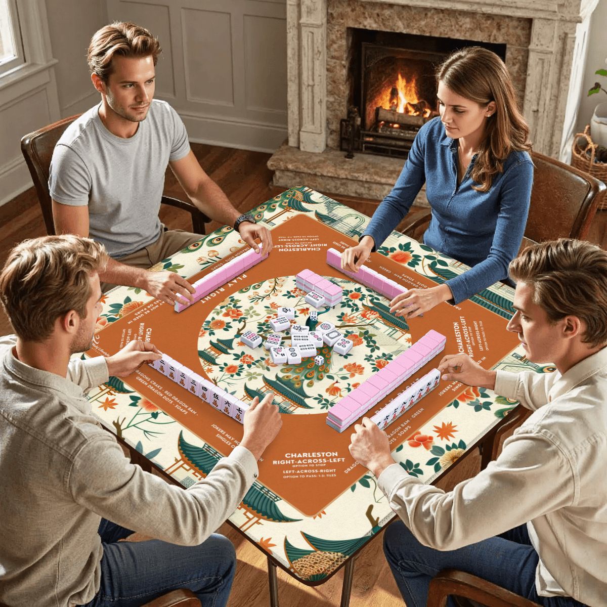 White Orange Peacock Design Mahjong Mat 31.5 x 31.5 - For Enhanced Game Nights
