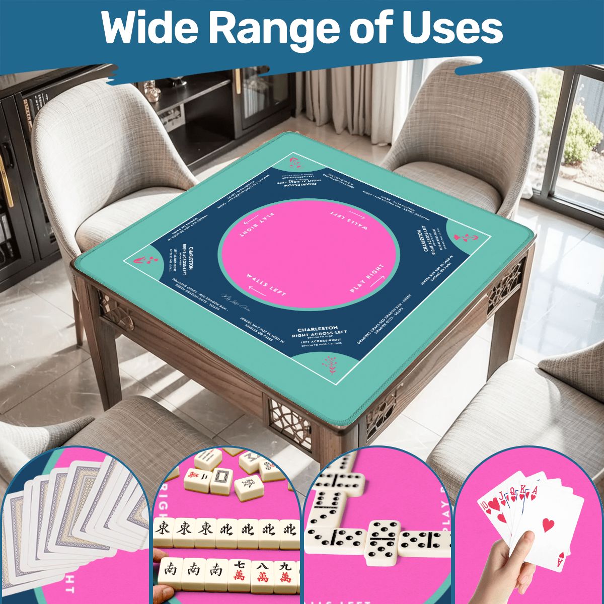Teal Flower Design Mahjong Mat 31.5 x 31.5, For Game Night for Mahjong Fans