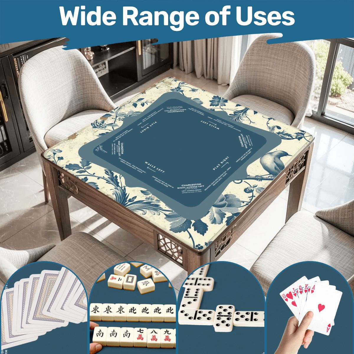 Blue Floral Mahjong Mat 31.5 x 31.5 - For Enhancing Game Night Experience