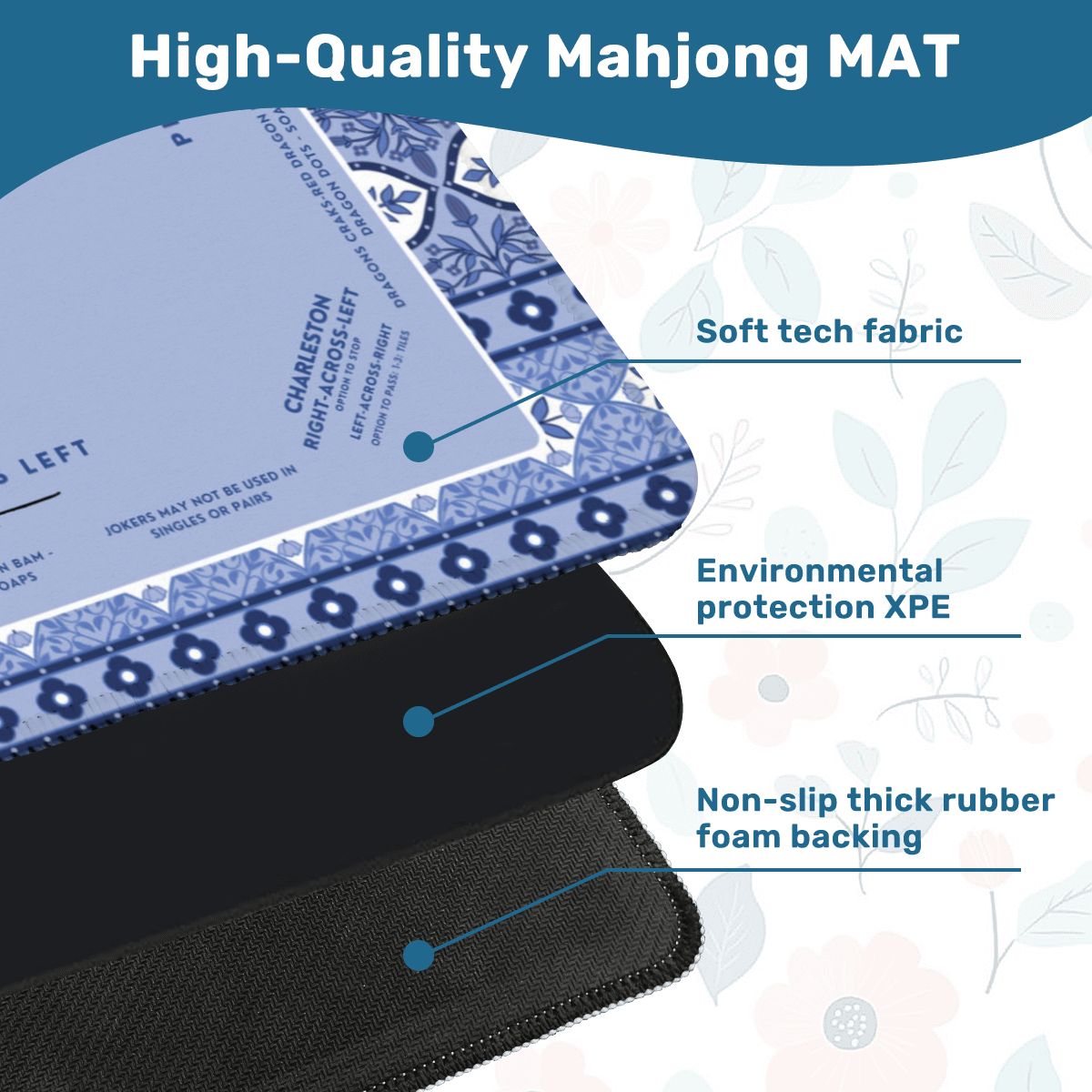 Blue Floral Mahjong Mat 30x30 - Durable Surface for Game Night Enthusiasts