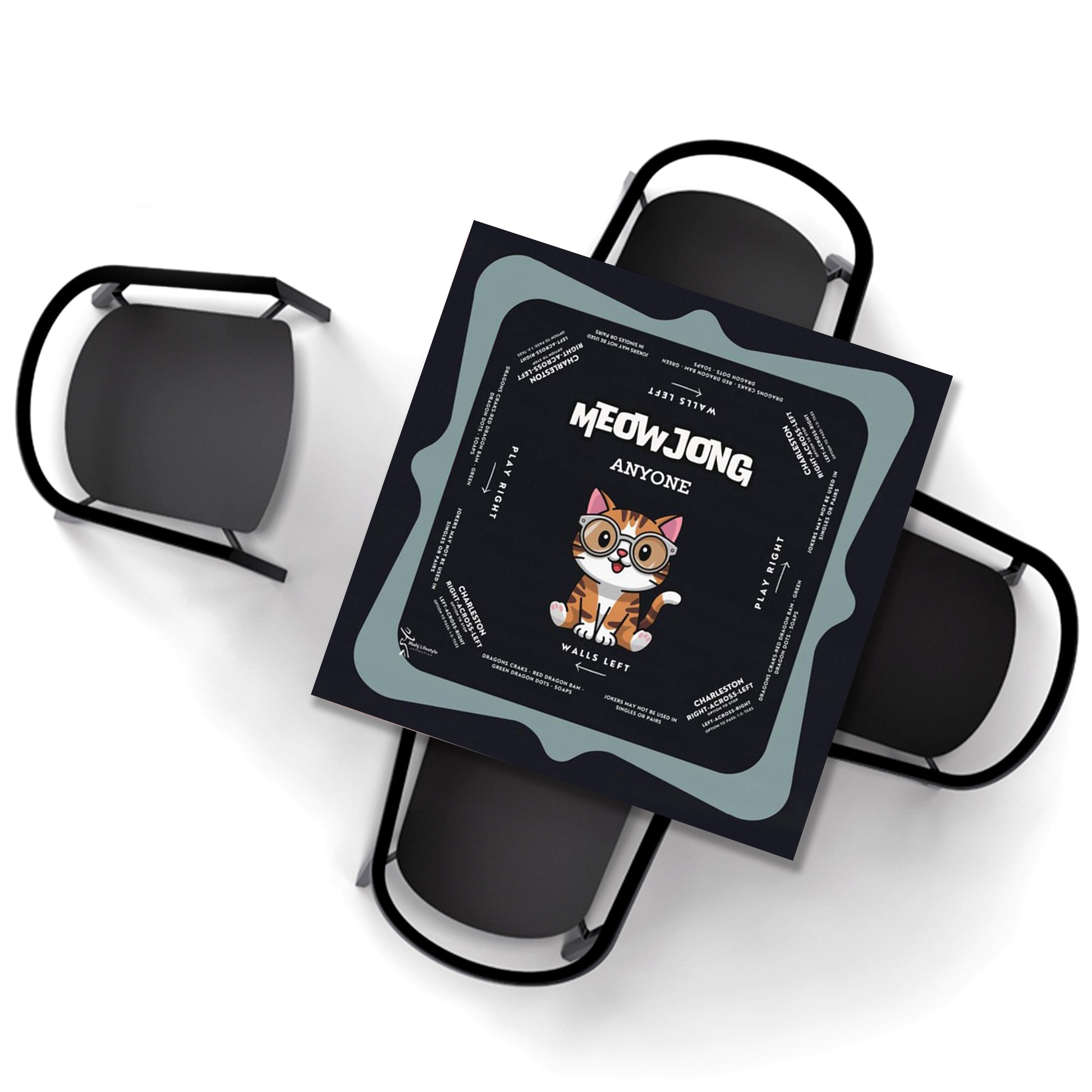 Cute Kitten Blue Rim Mahjong Tablecloth with Instructions - Perfect for Mahjong Lovers