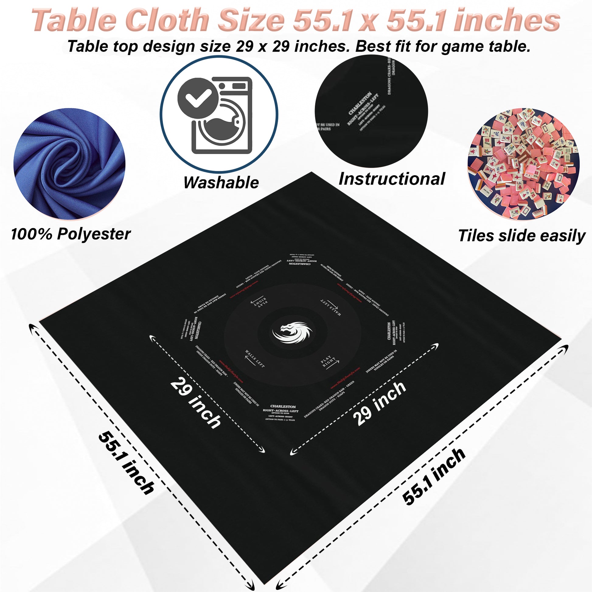 Black on Black Mahjong Game Tablecloth-easy-to-follow mah-jong tablecloth