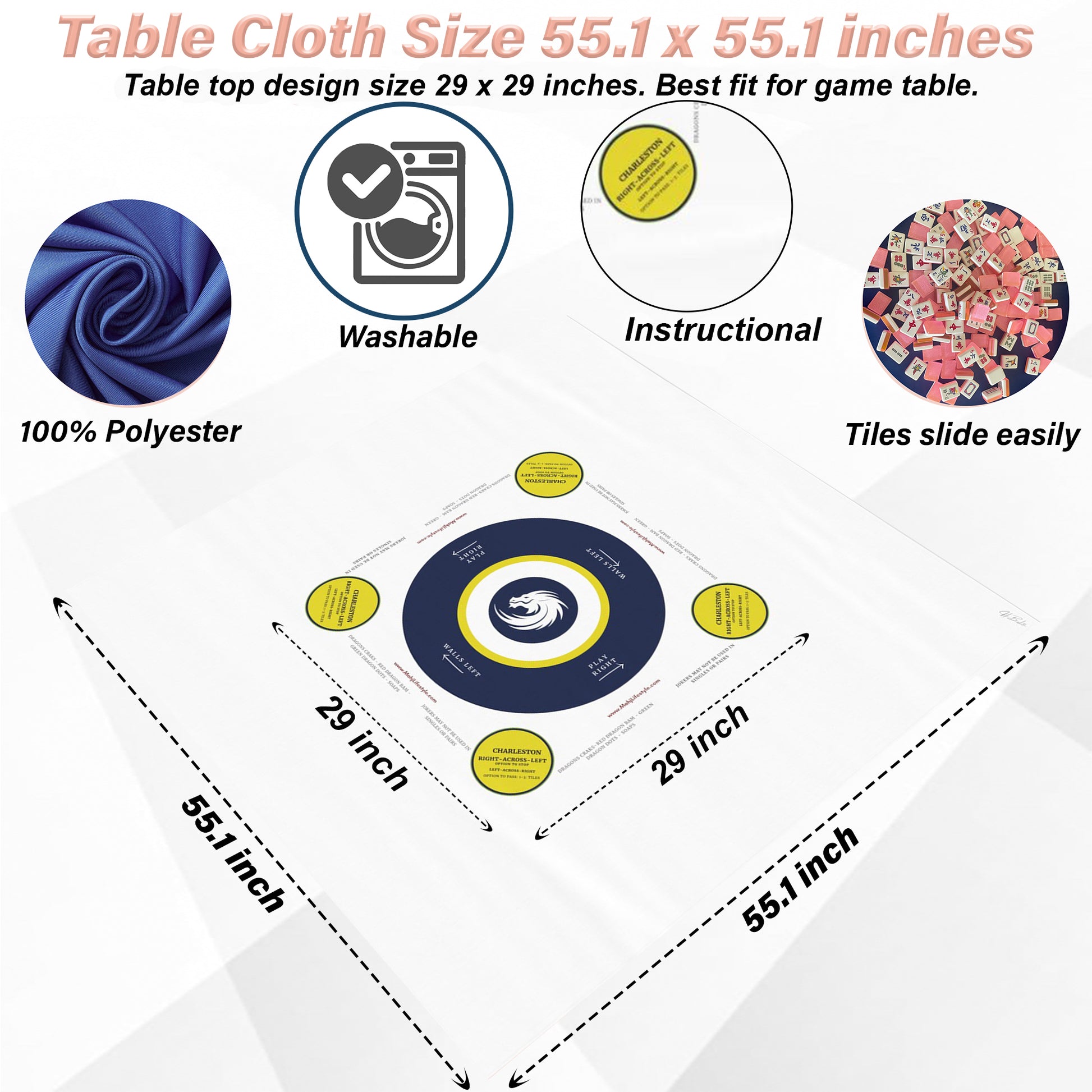 White with circle Mahjong tablecloth-easy-to-follow mah-jongg tablecloth