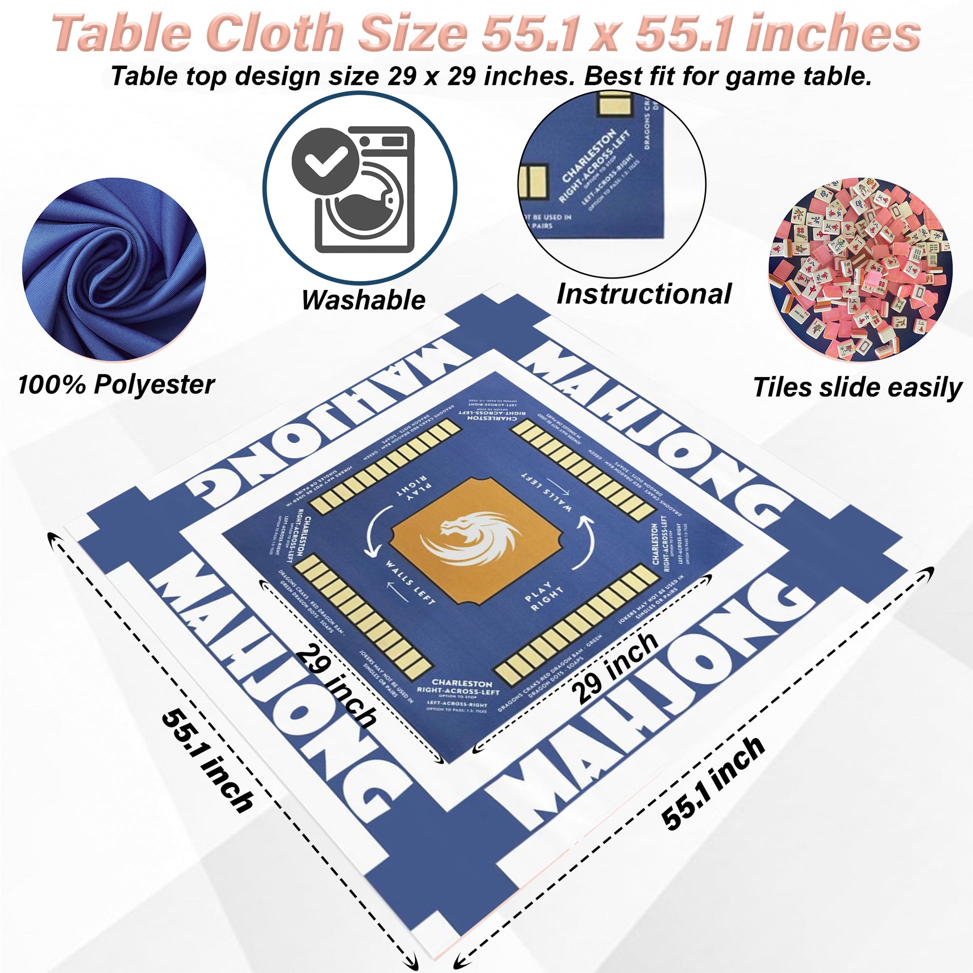 White blue with instructions-easy-to-follow mahjong tablecloth
