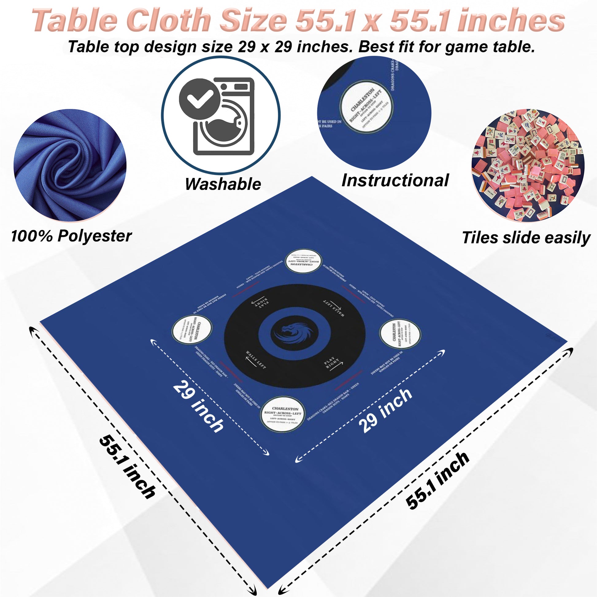 Blue with white circle- easy-to-follow mah-jong tablecloth