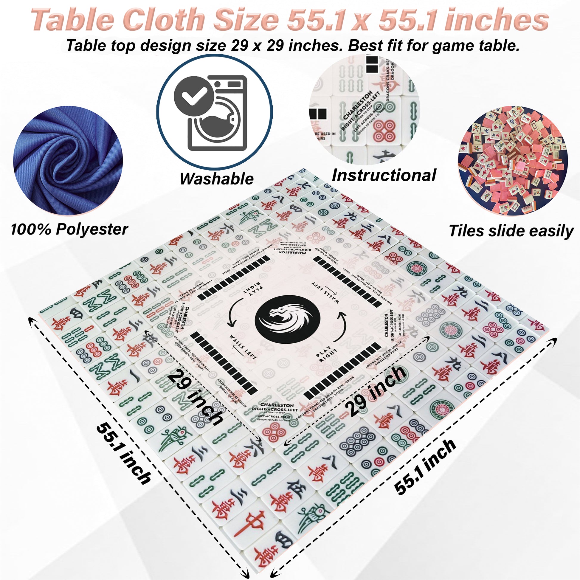 Mahjong Tile design tablecloth with Instructions - Mahjong Tablecloth Size 55 x 55, Mahjong with Rules