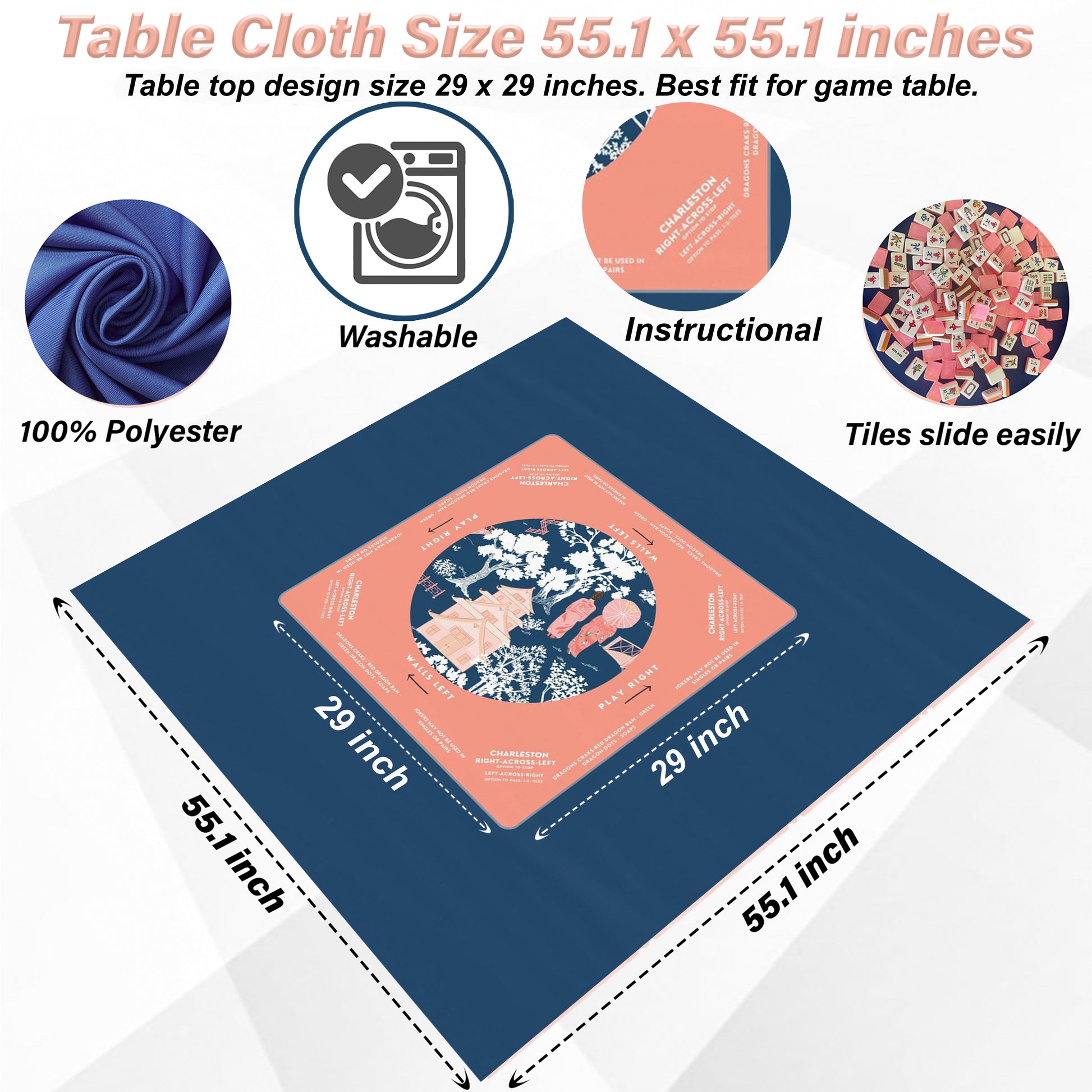 Elegant Navy and Pink Floral Mahjong Tablecloth - Perfect for Mahjong Enthusiasts, Teams, and Lovers