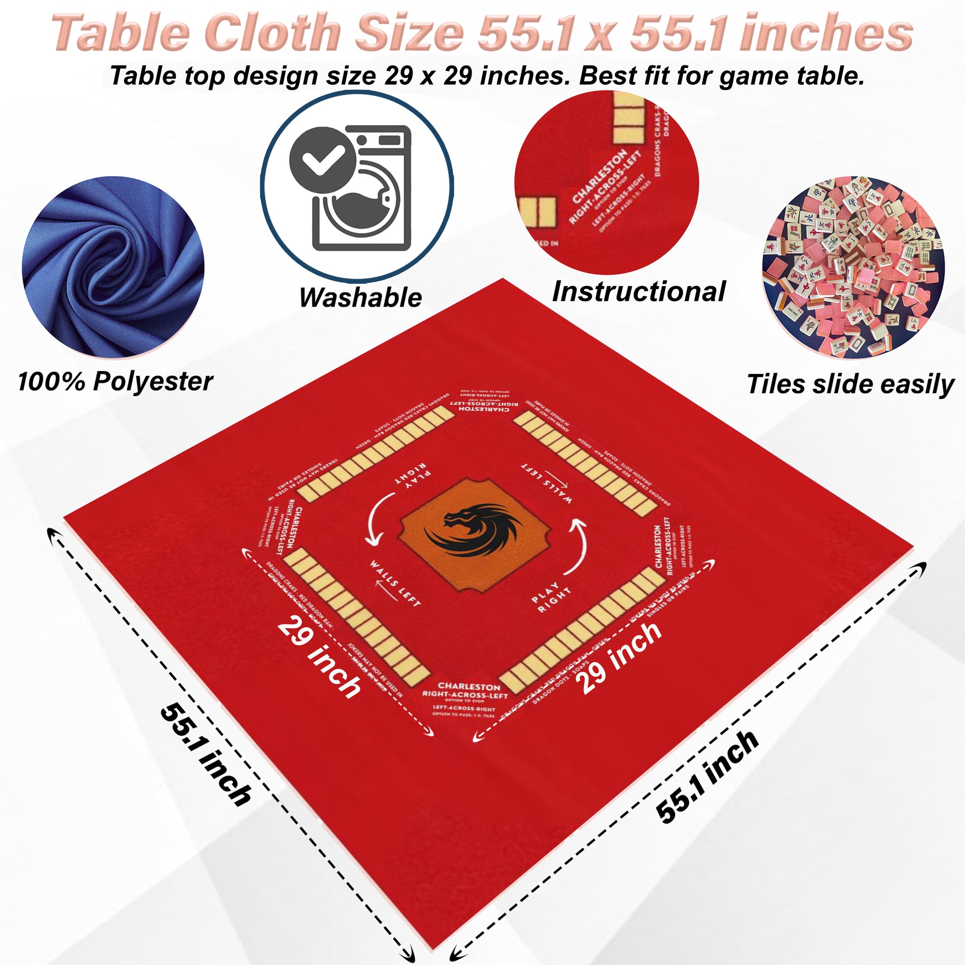 Mahjong Mat, Mahjong Rules and Instruction Tablecloth | mahjong board | 55.1 x 55.1 Size
