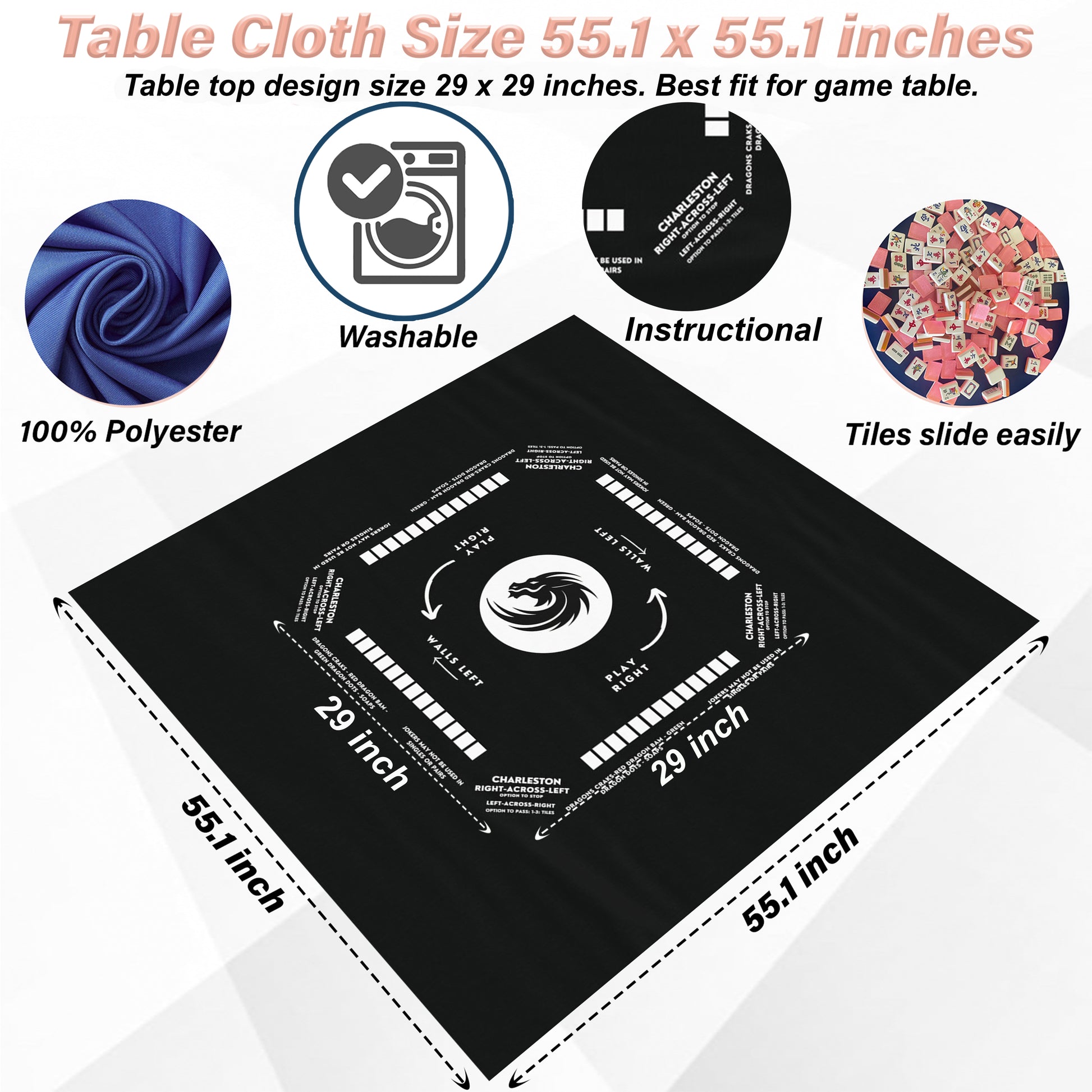 Mahjong game Tablecloth - Black and White Collection, Mahjong with rules written on the tablecloth makes it easy for beginners to learn