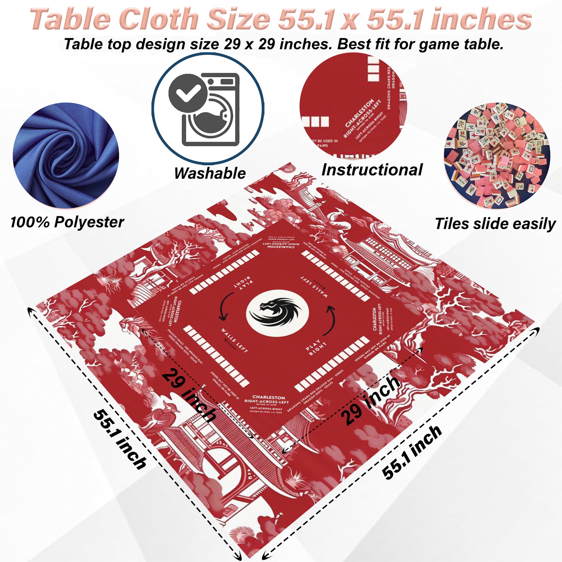 Dark Red Mahjong, Chinoiserie Design, Chinoiserie Style Tablecloth, size 55.1" by 55.1", Mahjong Chinoiserie tabletop with instructions