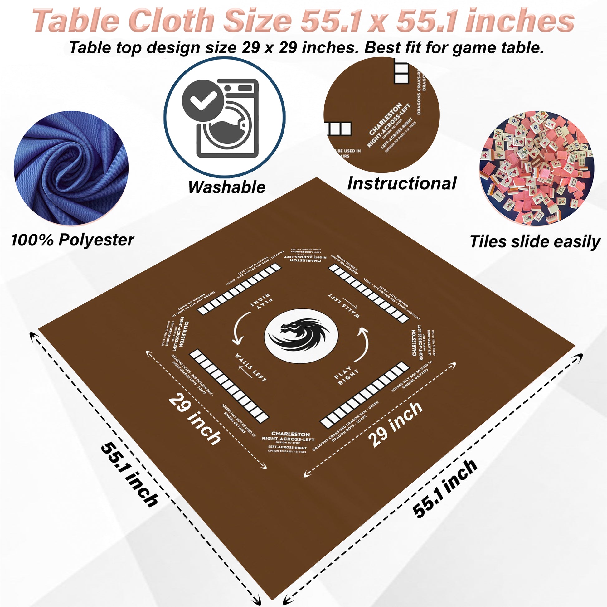 Mahjong Mat with Instructions - Mahjong Tablecloth Size 55 x 55, Mahjong with Rules, great for beginners learning how to play