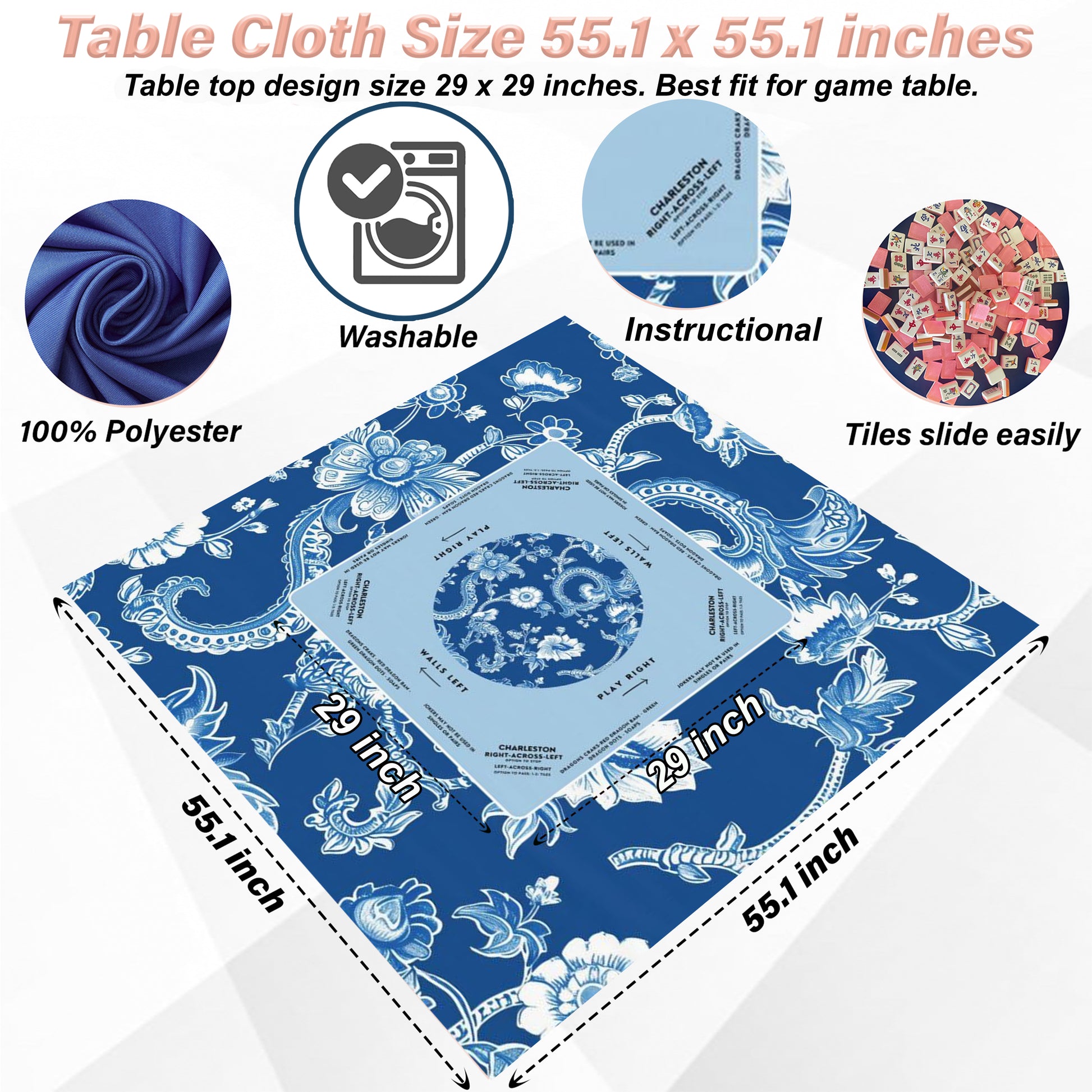 Royal Blue Mahjong Tablecloth with Rules & Directions - Perfect for Mahjong Trainers and Learners