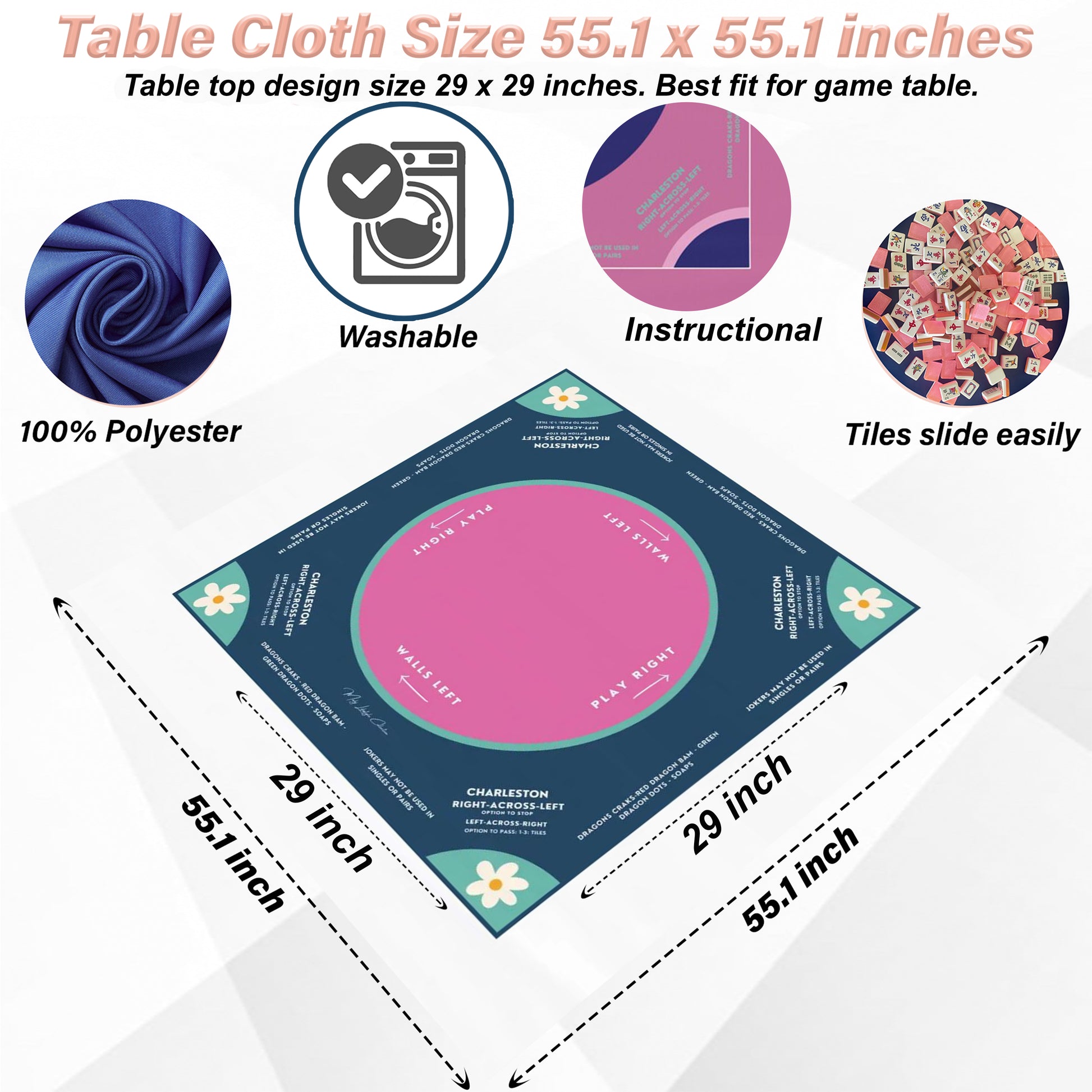 Mahjong instructional tablecloth gift for her, Blue and Pink Floral Mahjong Tablecloth - easy-to-follow mah-jongg tablecloth