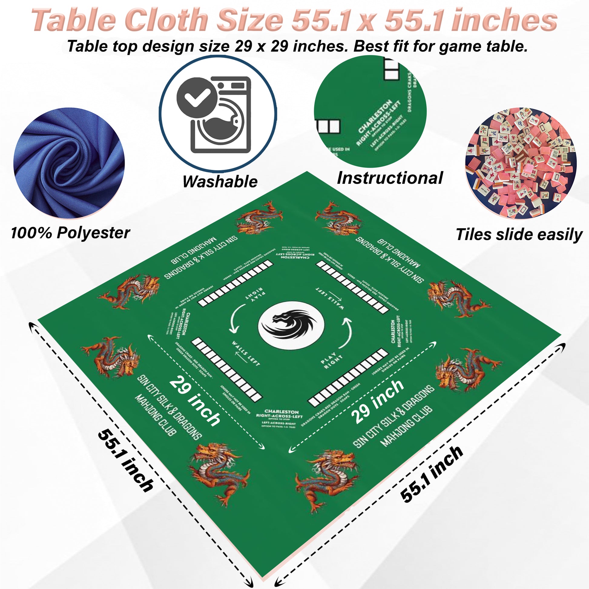 Personalized Mahjong Mat, Mahjong Rules and Instruction Tablecloth  Easy for Beginners  55.1 x 55.1 Size