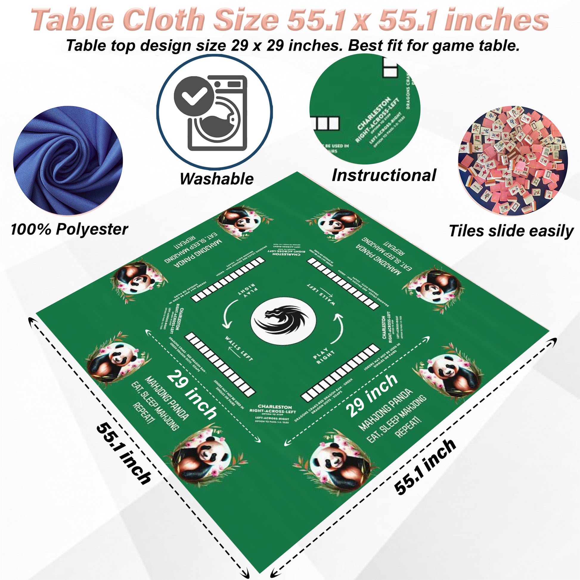 Personalized Panda designed Mahjong Tablecloth  Easy-to-Follow Rules and Instructions  55.1 x 55.1 Size