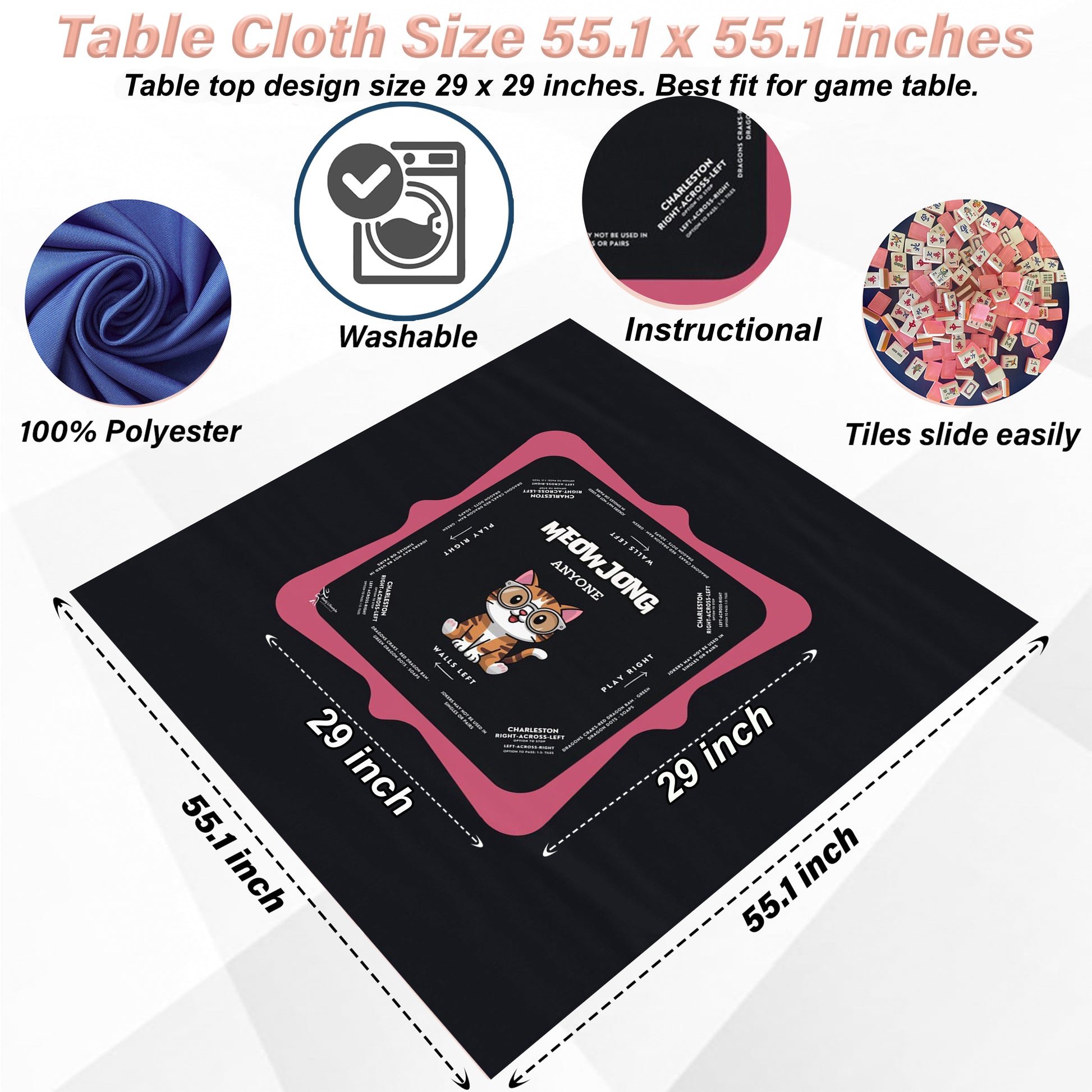 Cute Kitten Pink Rim Mahjong Tablecloth - Perfect for Mahjong Lovers & Teams, Adorable Gaming Decor
