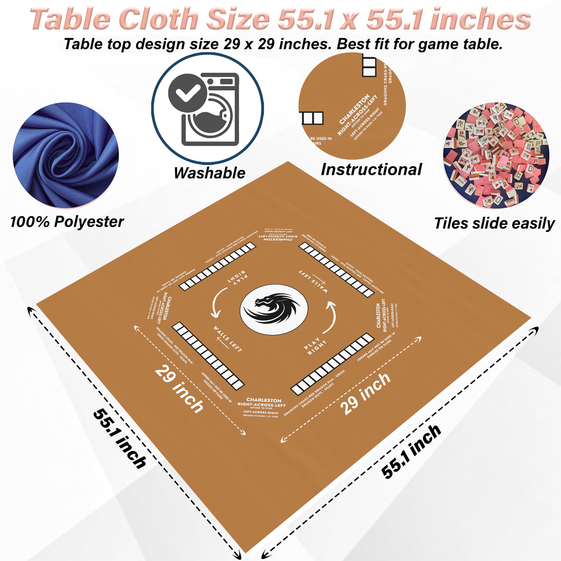 Mahjong Mat with Instructions - Mahjong Tablecloth Size 55 x 55, Mahjong with Rules, great for beginners learning how to play