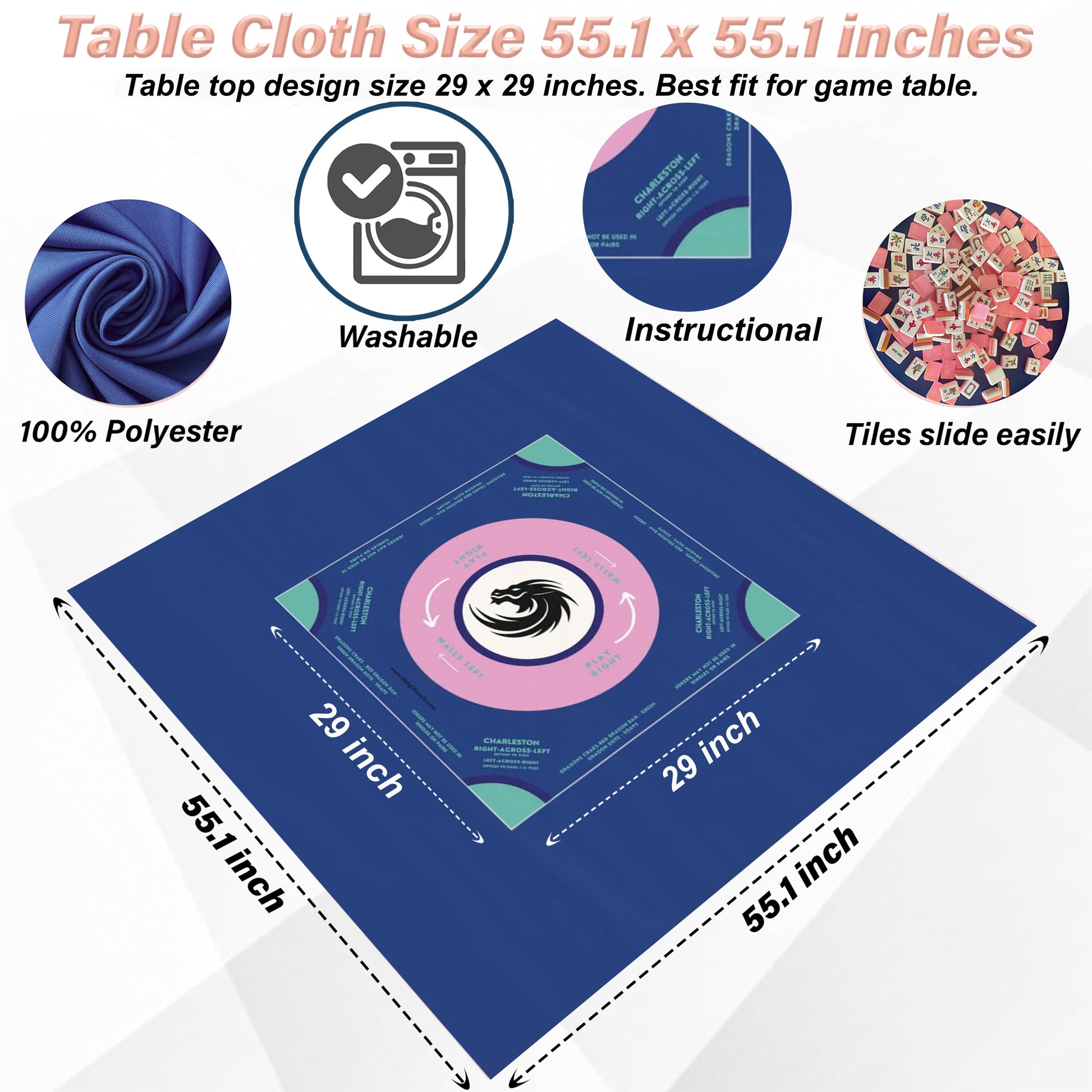 Vibrant Blue Mahjong Tablecloth - Perfect for Game Nights, with instructions