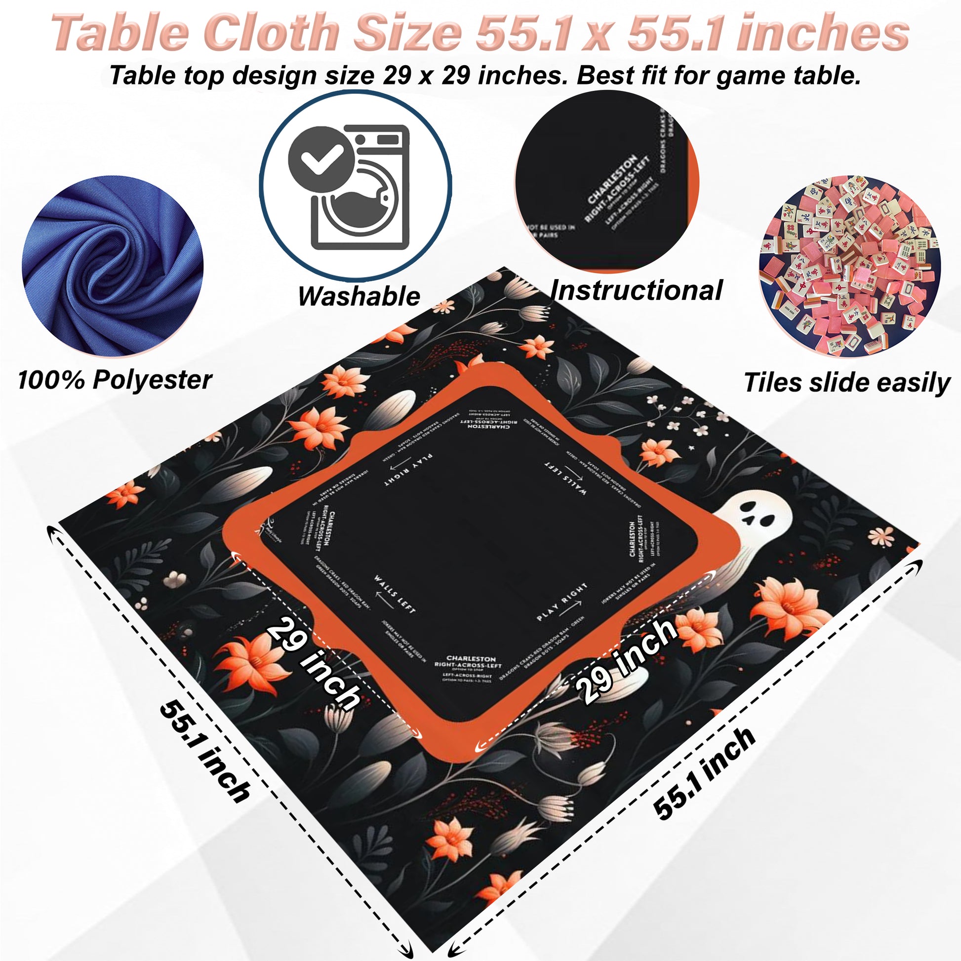 Halloween Mahjong Instructional Tablecloth - Perfect for Events, Mahjong Games, and Halloween Parties