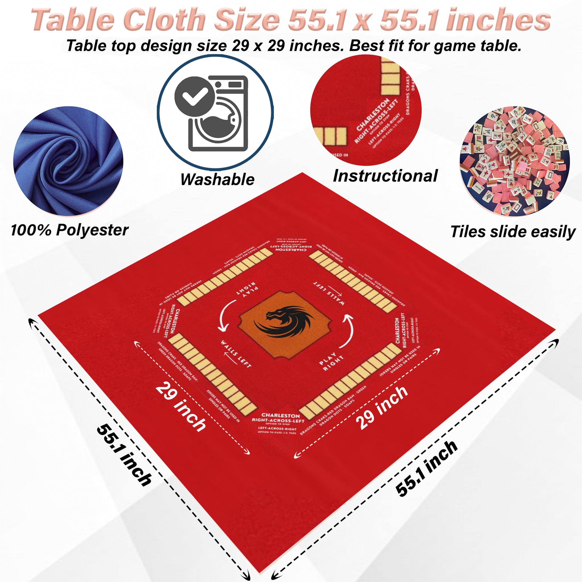 Mahjong with Rules and Instruction Tablecloth | Easy for Beginners | 55.1 x 55.1 Size