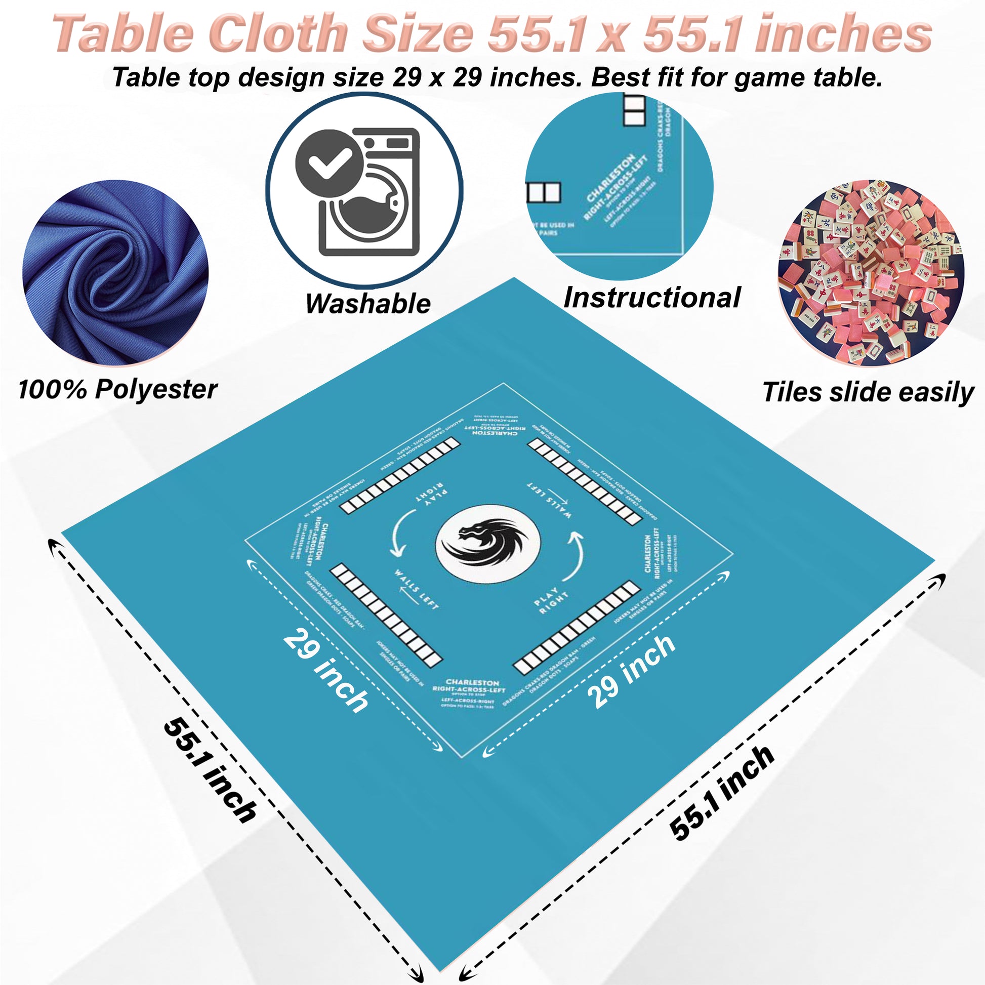 Mahjong Mat with Instructions - Mahjong Tablecloth Size 55 x 55, Mahjong with Rules, great for beginners learning how to play