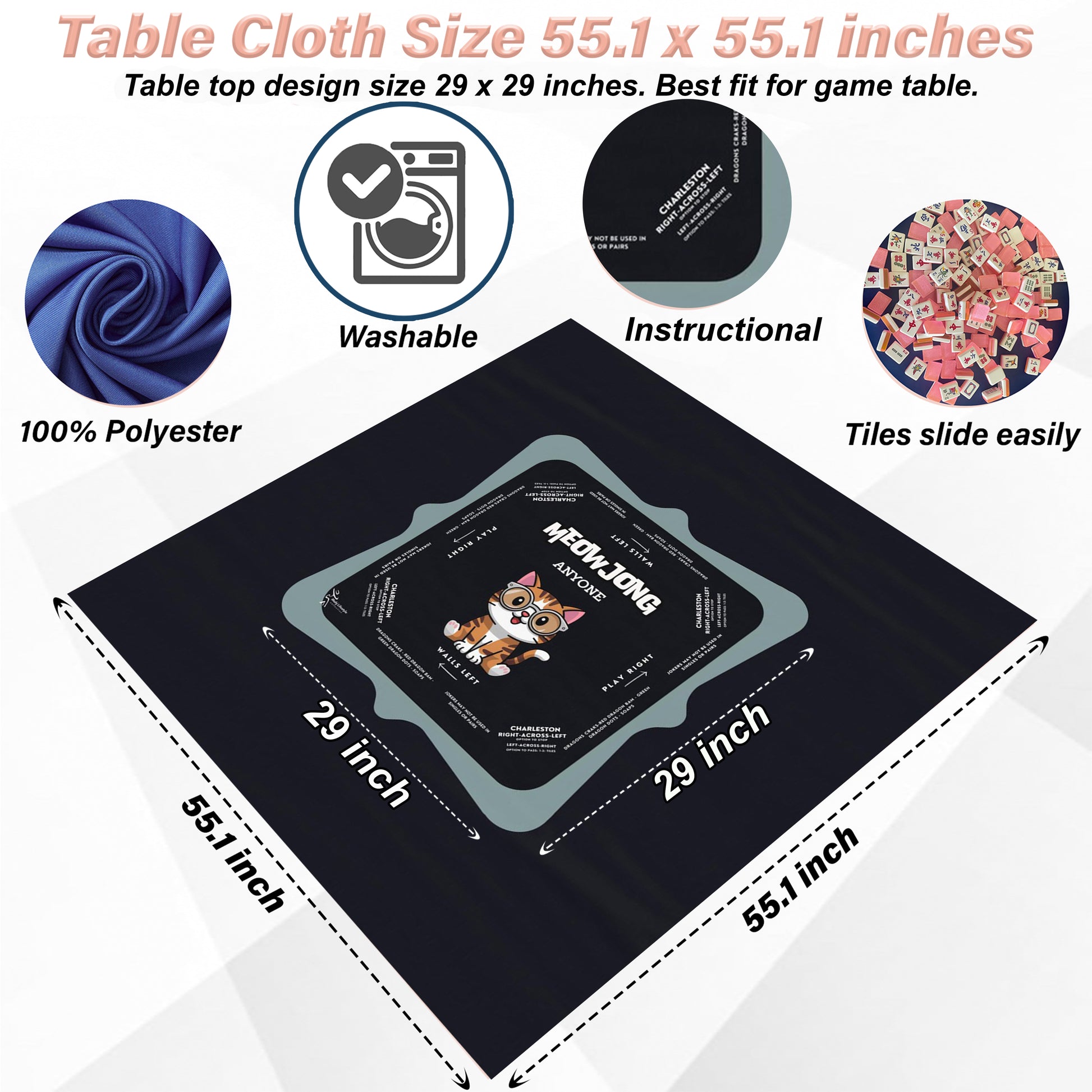 Cute Kitten Blue Rim Mahjong Tablecloth with Instructions - Perfect for Mahjong Lovers